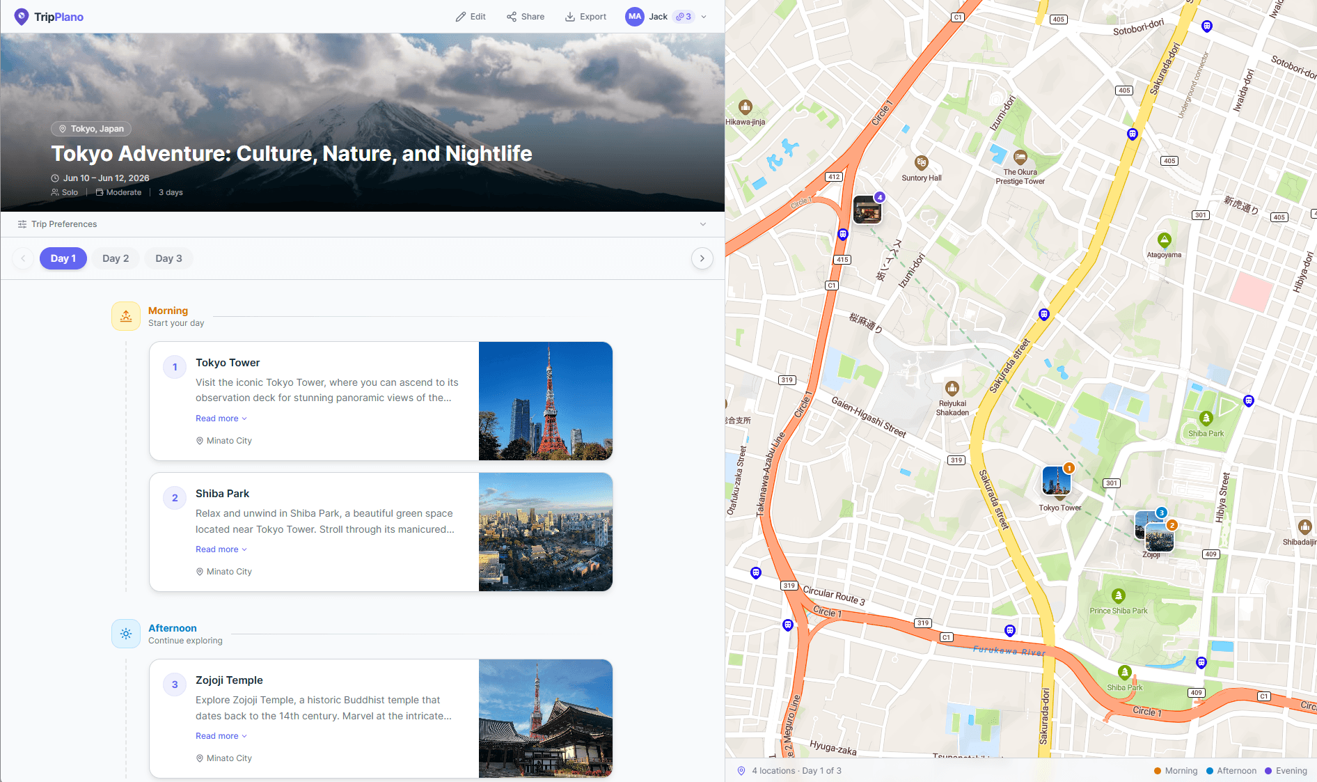 TripPlano AI trip planner showing a day-by-day itinerary with interactive map