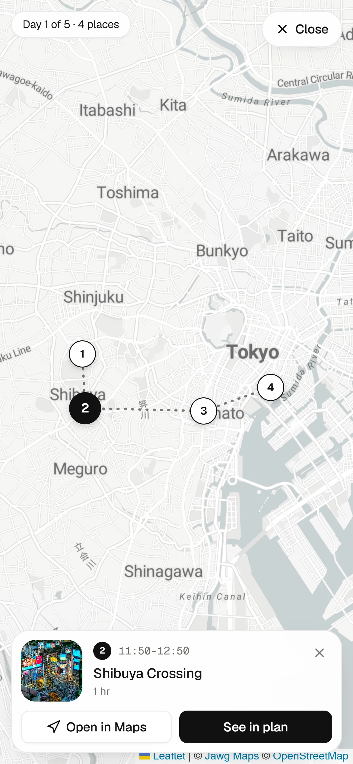 TripPlano map on a phone: numbered stops across Tokyo with Shibuya Crossing selected