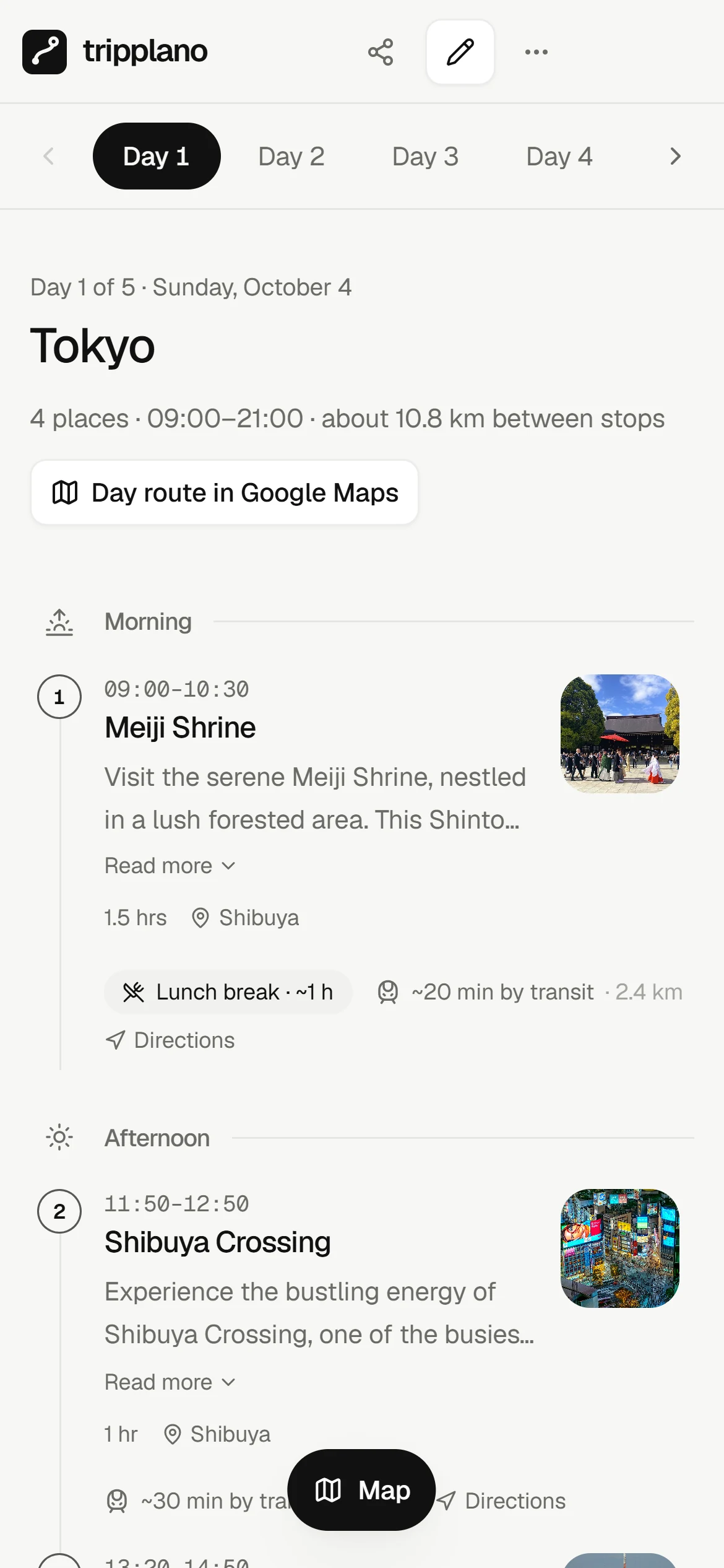 TripPlano on a phone: day 1 in Tokyo as a timeline with times, photos and travel between stops