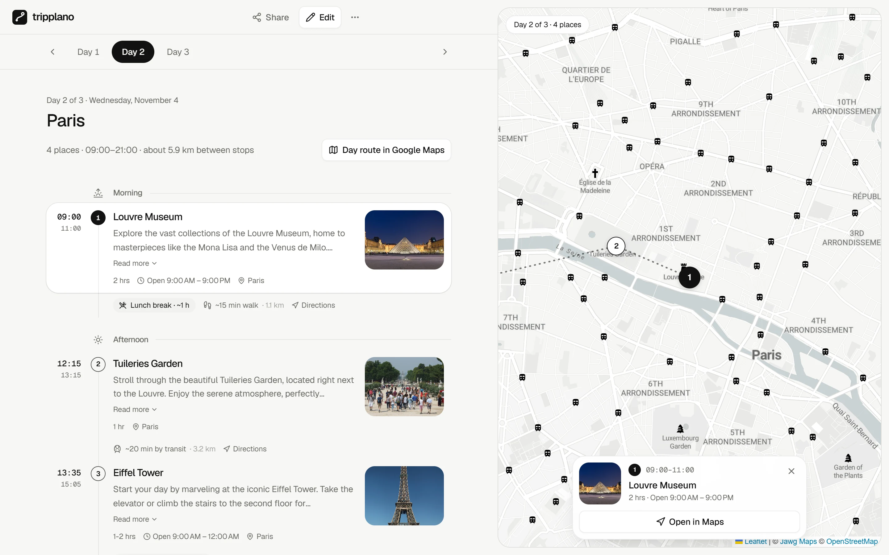 A TripPlano day in Paris: the Louvre at 09:00 with opening hours and walking times, next to a route map